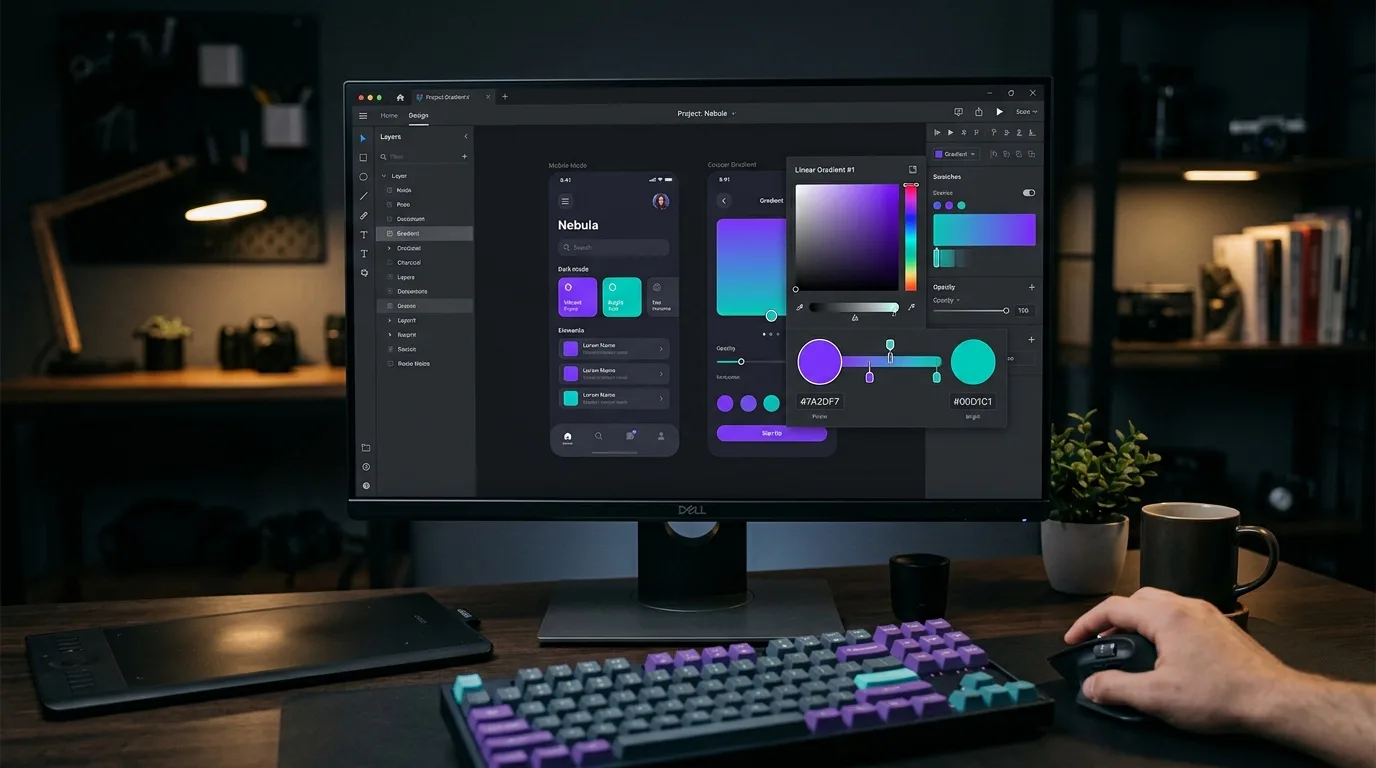Developer working with gradient color picker in a design tool